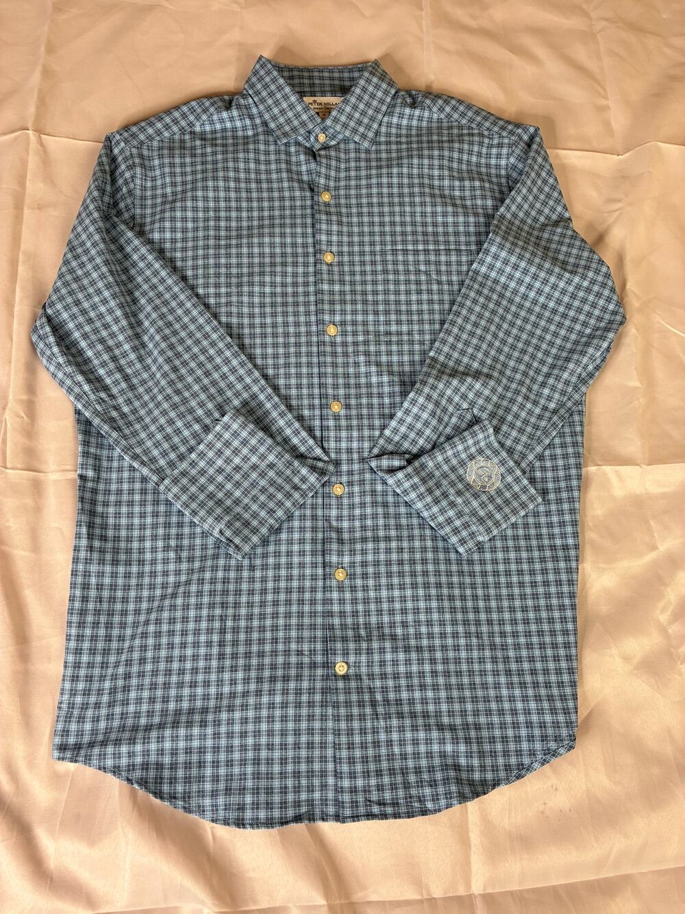 Peter Millar Summer Comfort Mens Medium Plaid Button Down Shirt Blue Gray Vietna